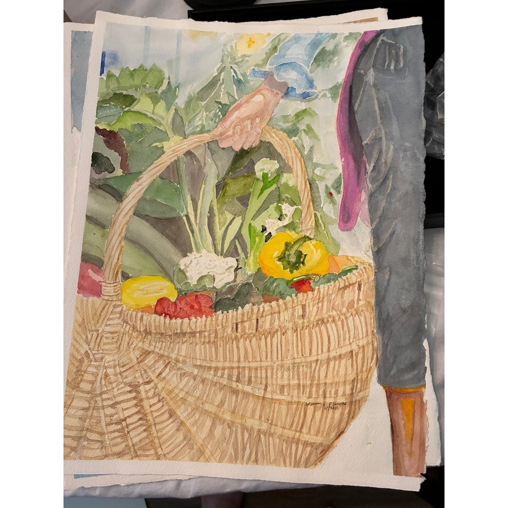 Aimee Bringing in the Vegetables Art 2011 Warren C Plauché Original Watercolor